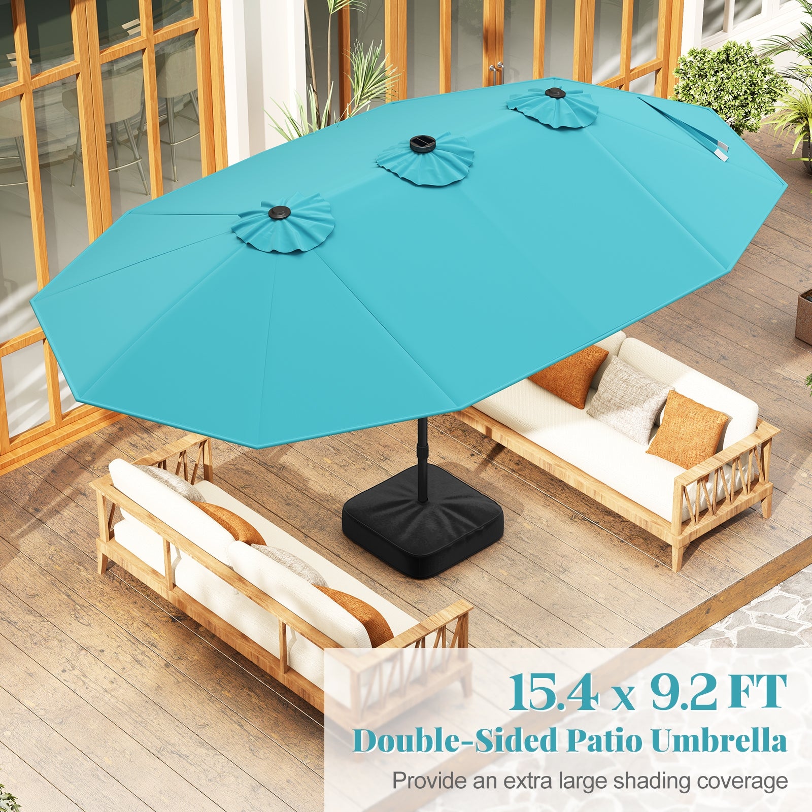 15 Feet Patio Umbrella, 48 LED Lights, Turquoise Outdoor Umbrellas at Gallery Canada