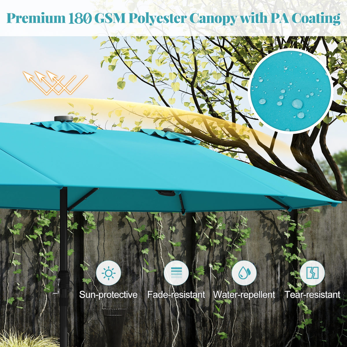 15 Feet Patio Umbrella, 48 LED Lights, Turquoise Outdoor Umbrellas at Gallery Canada