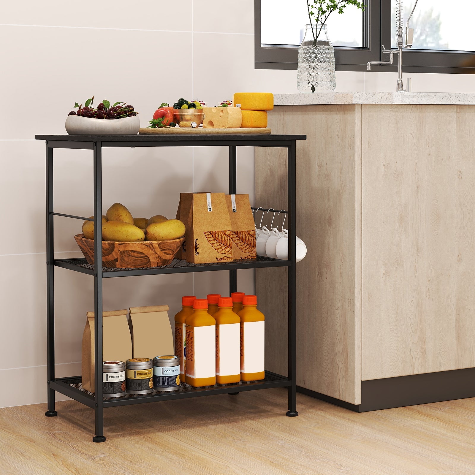 3-Tier Kitchen Cart, Microwave Rack With Hooks, Black Baker's Racks at Gallery Canada