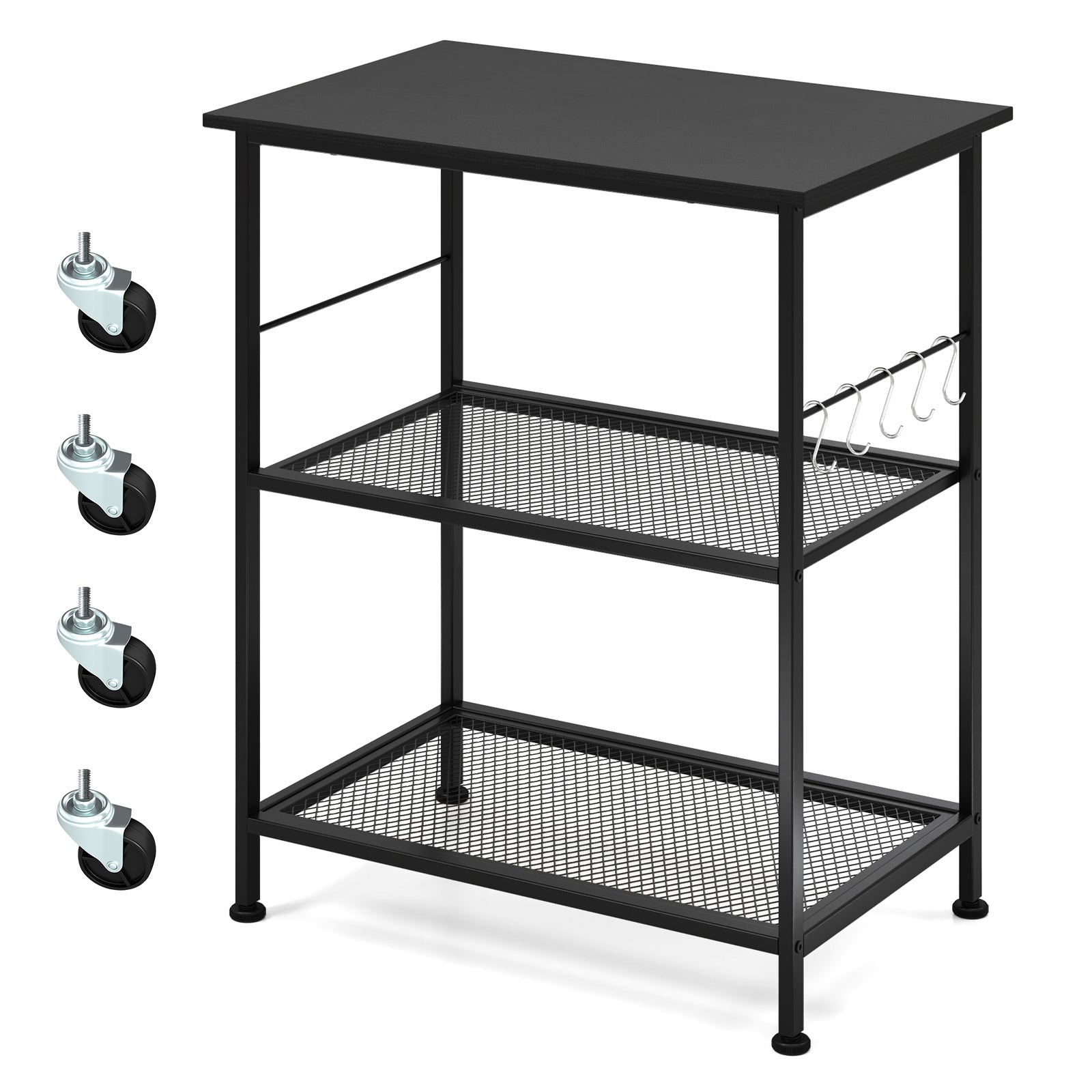 3-Tier Kitchen Cart, Microwave Rack With Hooks, Black Baker's Racks Black at Gallery Canada