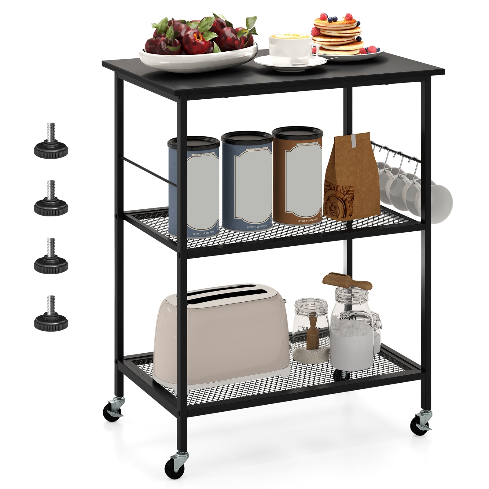 3-Tier Kitchen Cart, Microwave Rack With Hooks, Black Baker's Racks at Gallery Canada