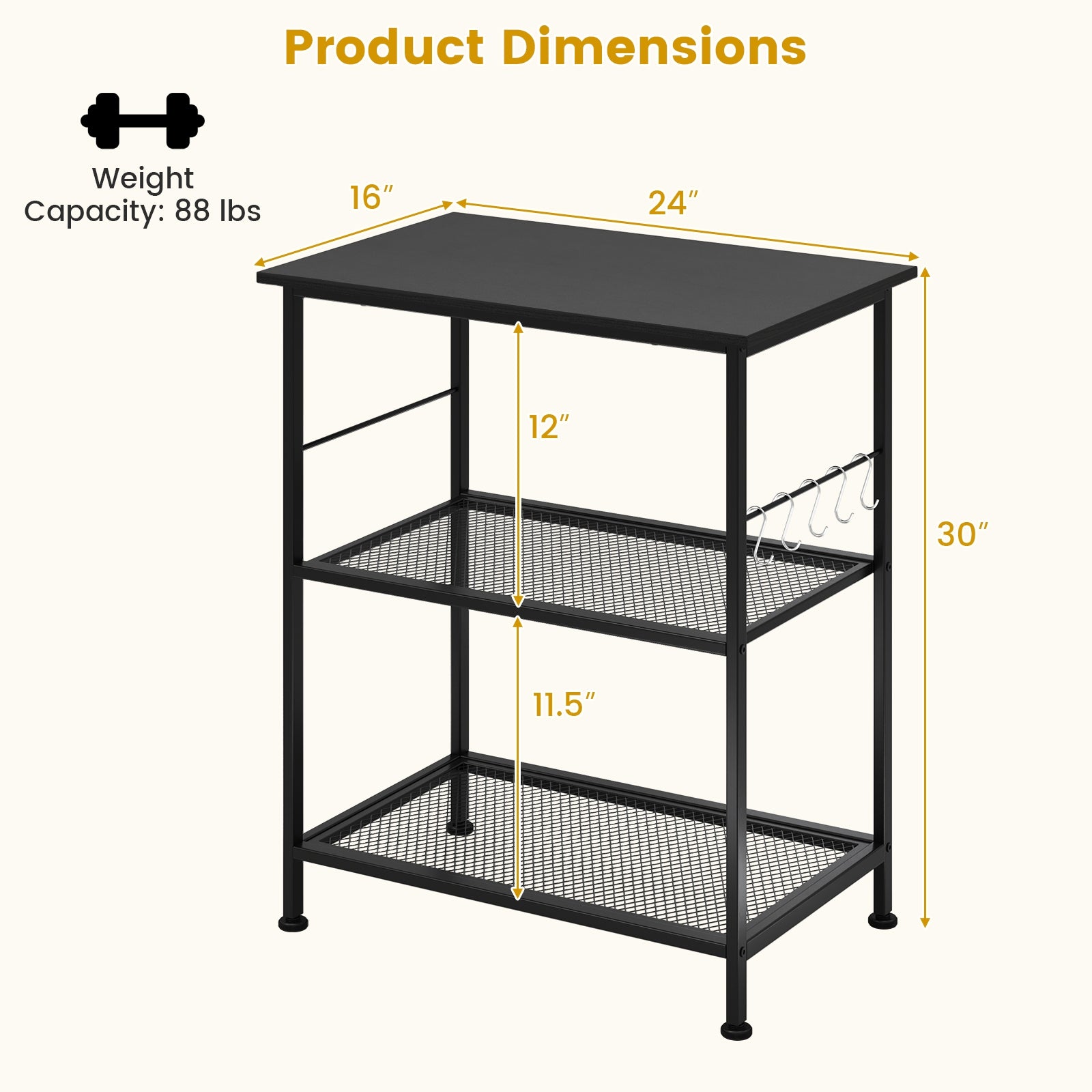 3-Tier Kitchen Cart, Microwave Rack With Hooks, Black Baker's Racks at Gallery Canada