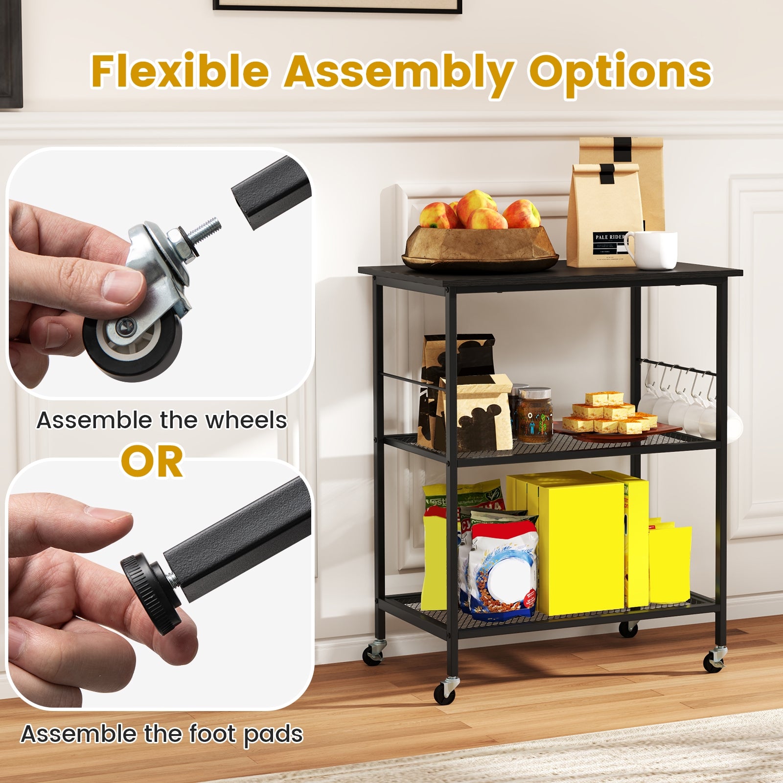 3-Tier Kitchen Cart, Microwave Rack With Hooks, Black Baker's Racks at Gallery Canada