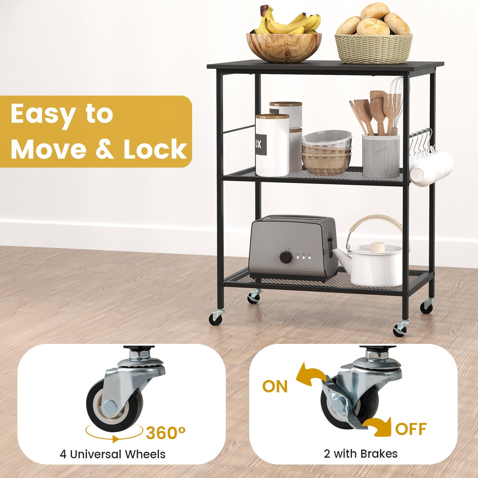 3-Tier Kitchen Cart, Microwave Rack With Hooks, Black Baker's Racks at Gallery Canada