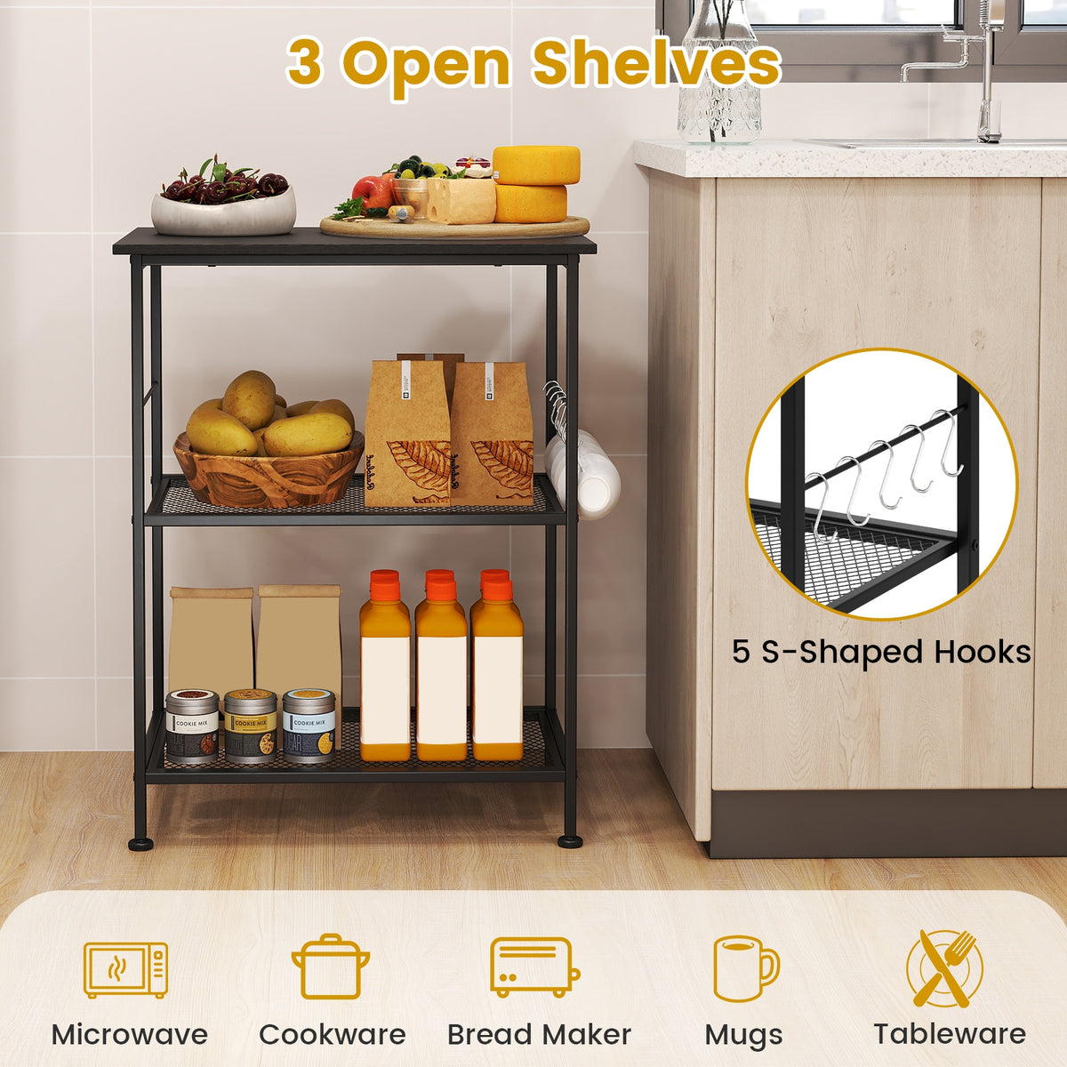 3-Tier Kitchen Cart, Microwave Rack With Hooks, Black Baker's Racks at Gallery Canada