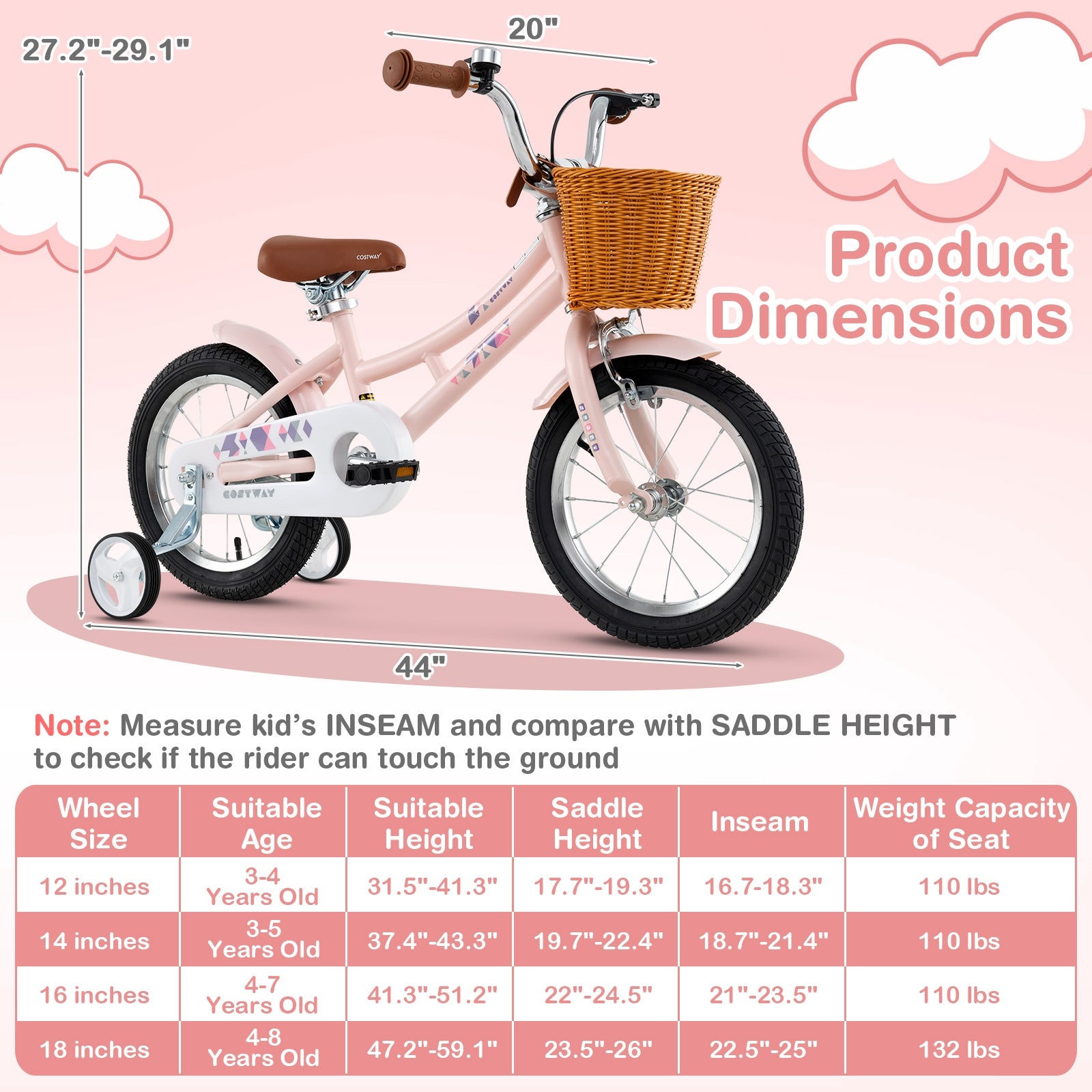 14 Inch Kids Bike, Adjustable Height, Basket, Ages 3-5, Pink Kids Bike at Gallery Canada