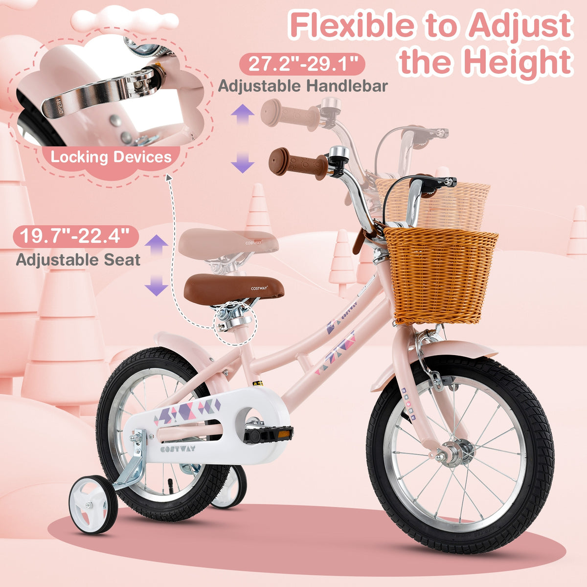 14 Inch Kids Bike, Adjustable Height, Basket, Ages 3-5, Pink Kids Bike at Gallery Canada