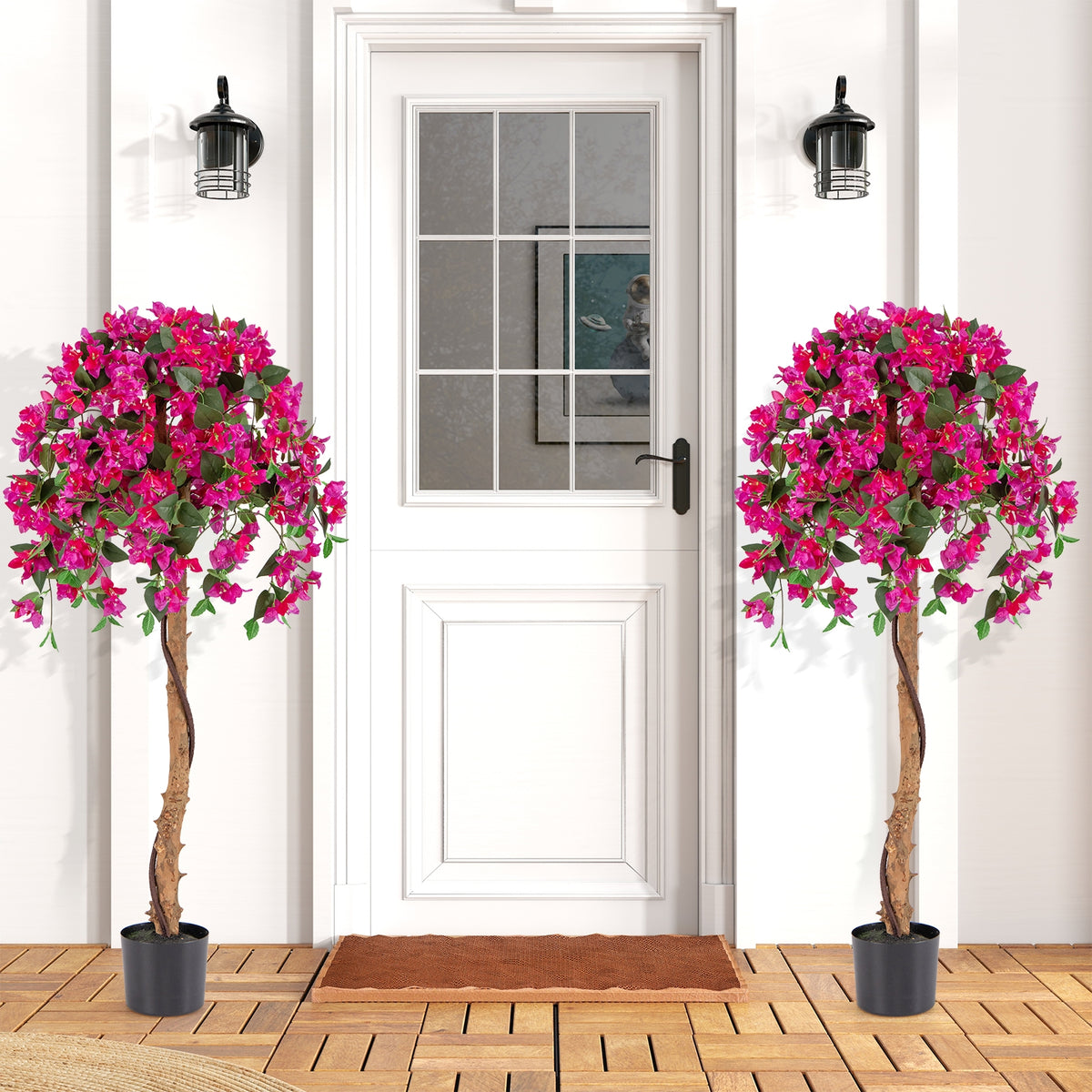Set Of 2 4.5 Feet Artificial Azalea Tree, Cement Pot, Red Faux Plants at Gallery Canada