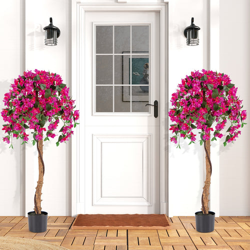 Set Of 2 4.5 Feet Artificial Azalea Tree, Cement Pot, Red