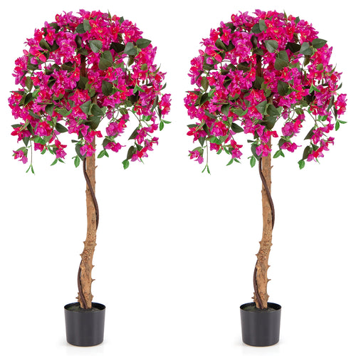 Set Of 2 4.5 Feet Artificial Azalea Tree, Cement Pot, Red