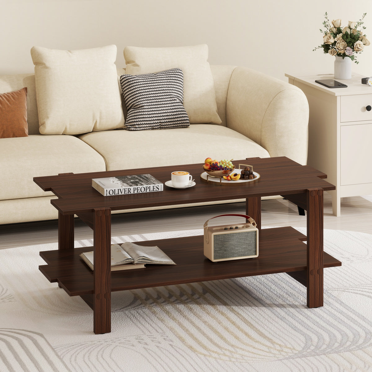 2-Tier Slatted Wood Coffee Table With Storage Shelf, Walnut Coffee Tables at Gallery Canada