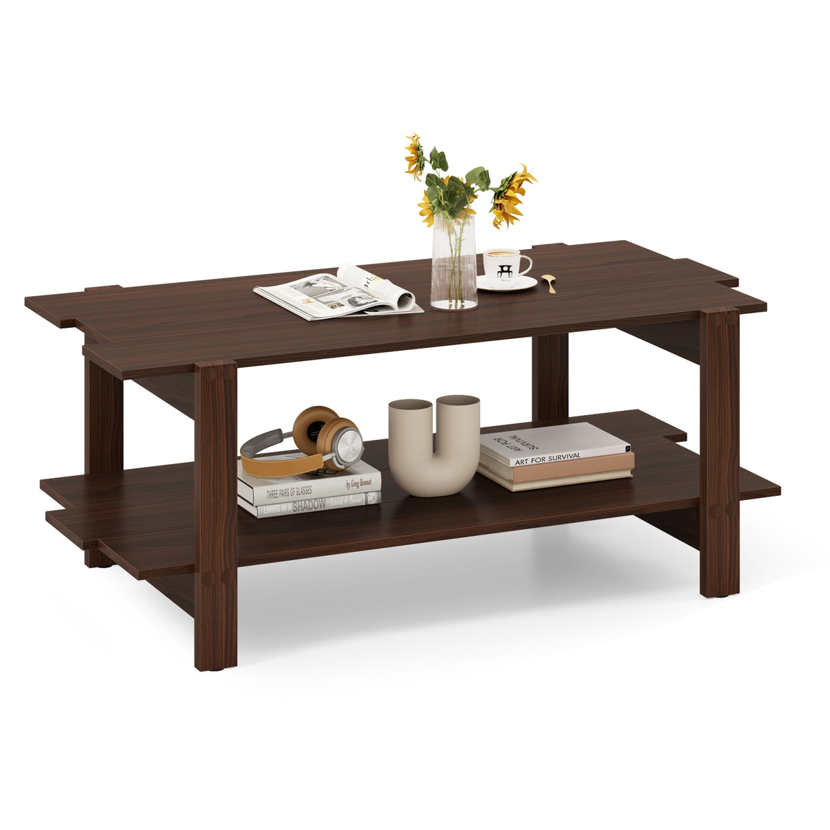 2-Tier Slatted Wood Coffee Table With Storage Shelf, Walnut Coffee Tables Walnut at Gallery Canada