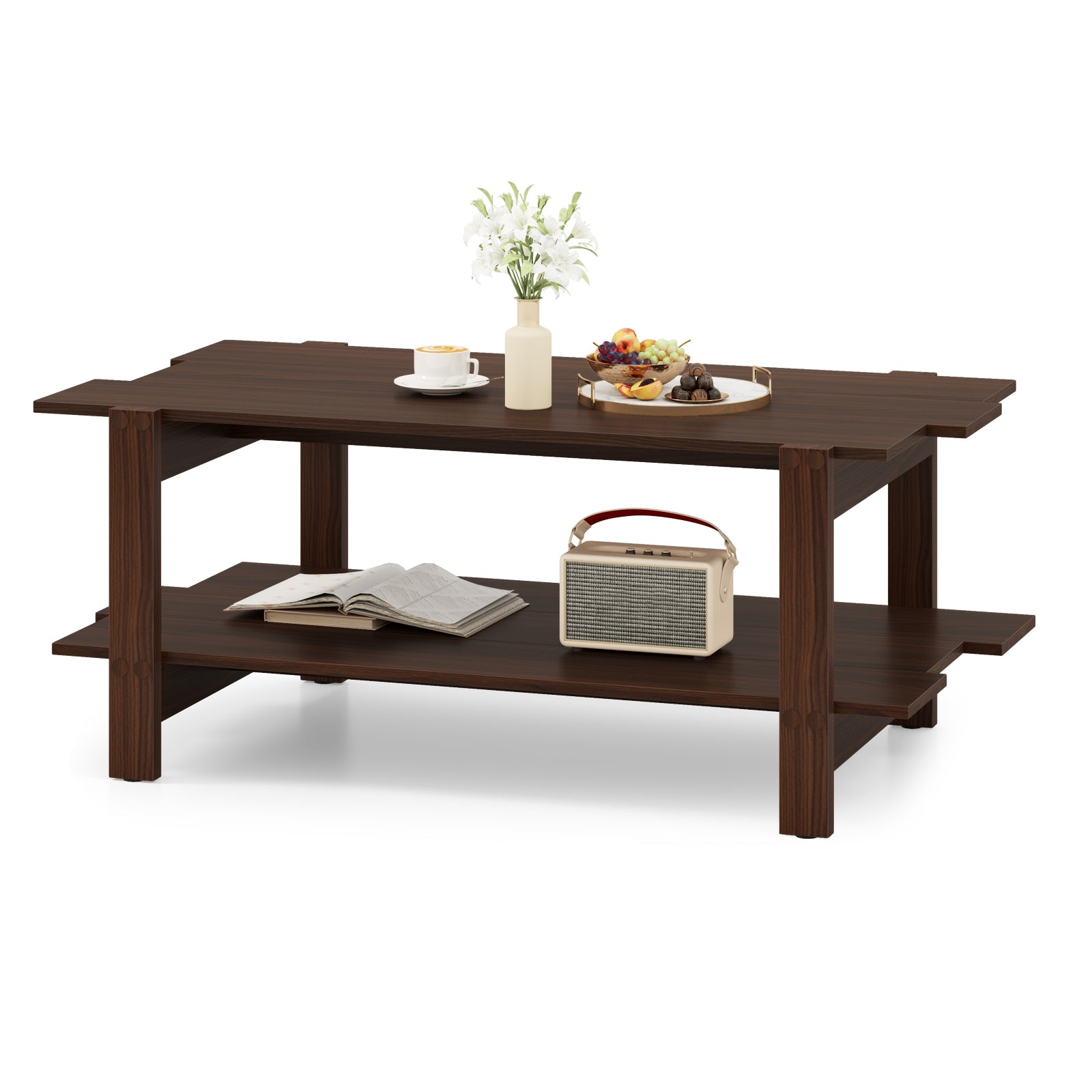 2-Tier Slatted Wood Coffee Table With Storage Shelf, Walnut Coffee Tables at Gallery Canada