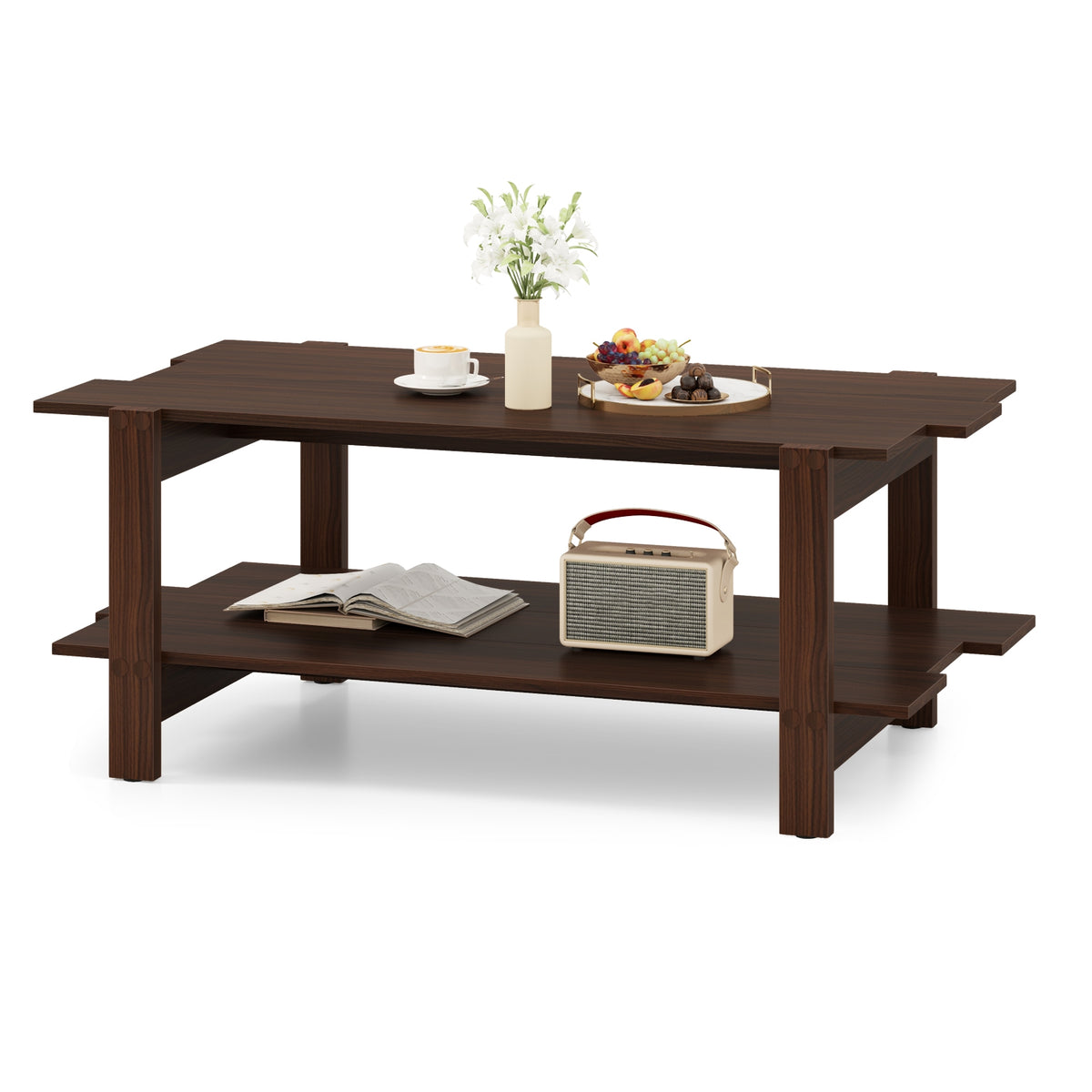2-Tier Slatted Wood Coffee Table With Storage Shelf, Walnut Coffee Tables at Gallery Canada