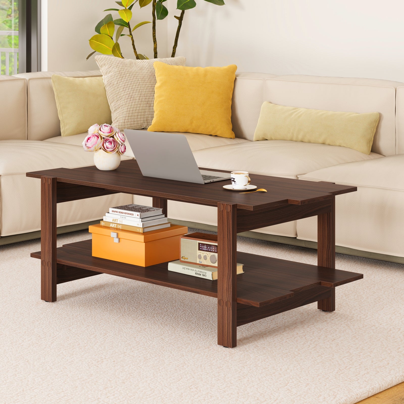 2-Tier Slatted Wood Coffee Table With Storage Shelf, Walnut Coffee Tables at Gallery Canada