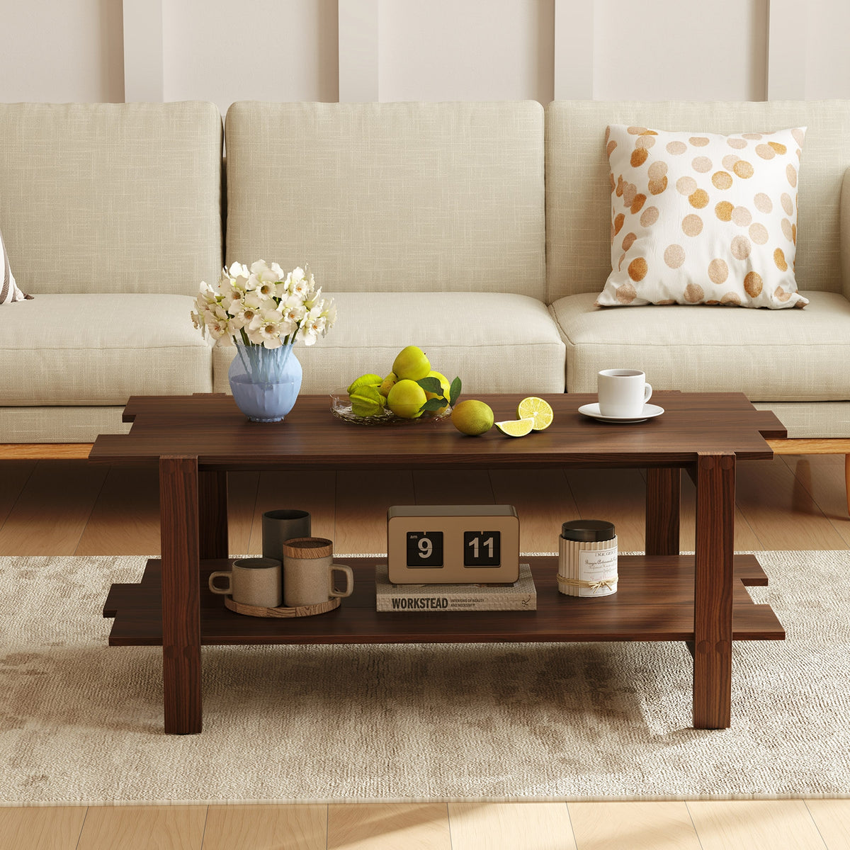 2-Tier Slatted Wood Coffee Table With Storage Shelf, Walnut Coffee Tables at Gallery Canada