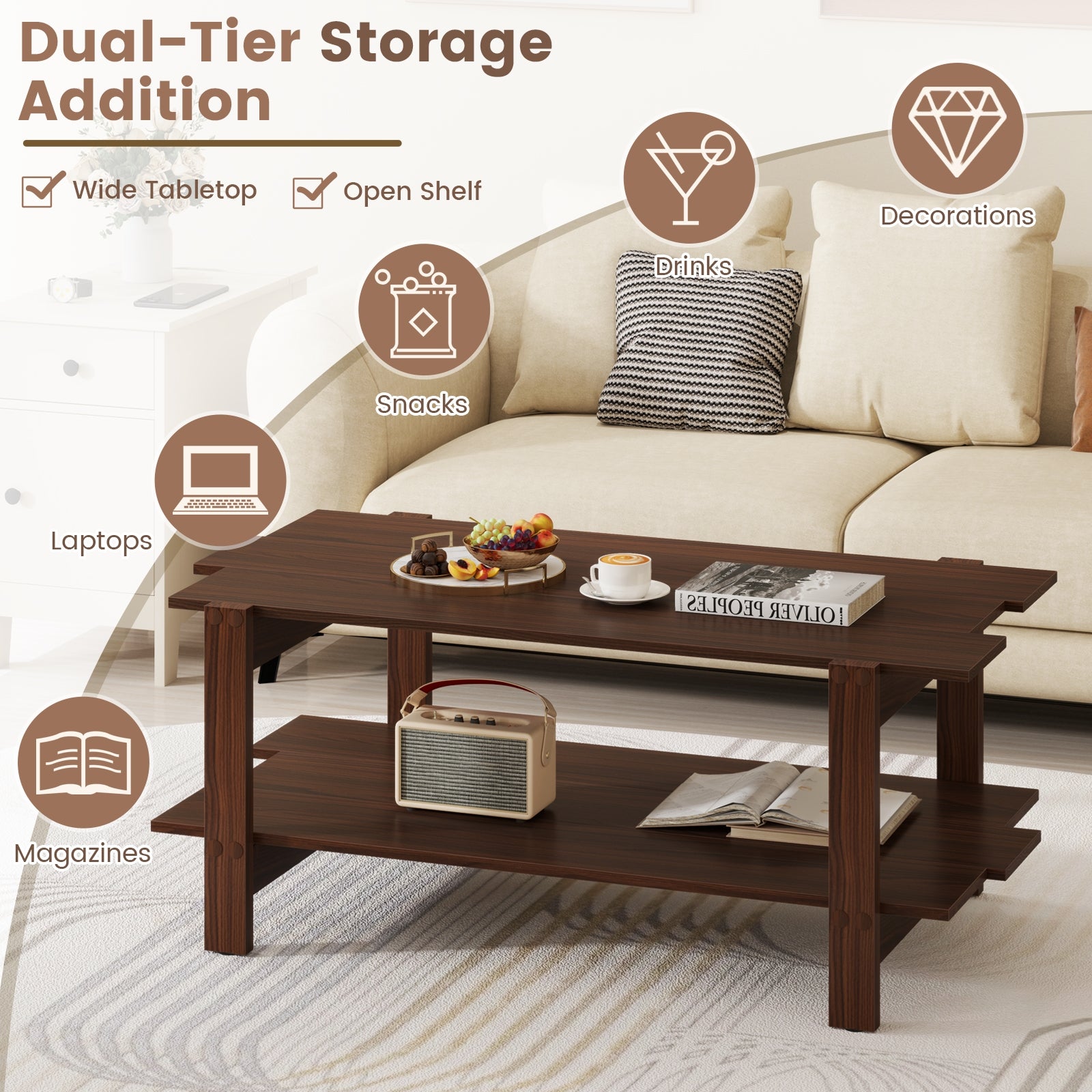 2-Tier Slatted Wood Coffee Table With Storage Shelf, Walnut Coffee Tables at Gallery Canada
