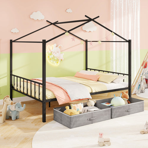 Full Size Metal House Bed With 2 Fabric Drawers, Black