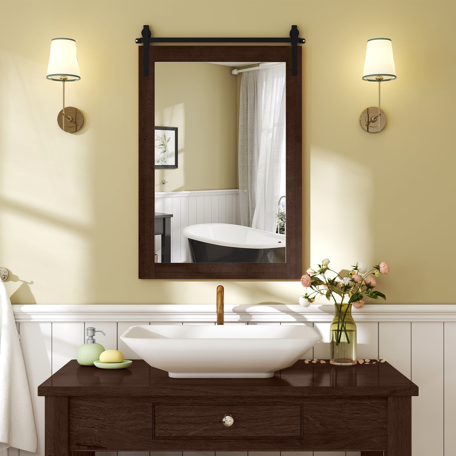 Rustic Wood Frame Barn Door Style Farmhouse Wall Mirror, Walnut Wall Mirrors at Gallery Canada
