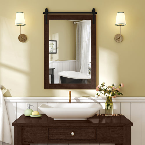 Rustic Wood Frame Barn Door Style Farmhouse Wall Mirror, Walnut