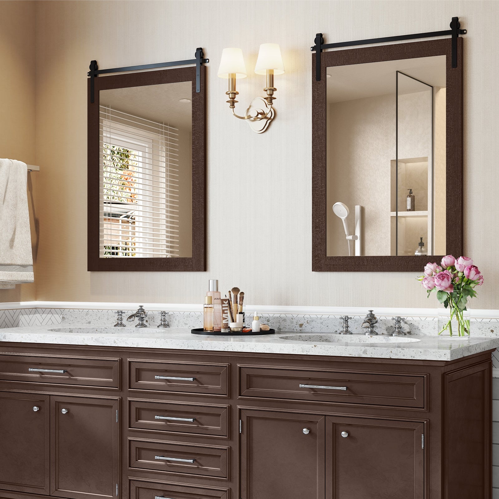 Rustic Wood Frame Barn Door Style Farmhouse Wall Mirror, Walnut Wall Mirrors at Gallery Canada