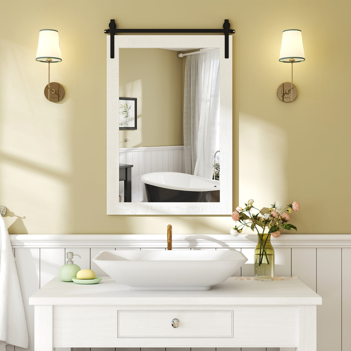 Rustic Wood Frame Barn Door Wall Mirror, White Wall Mirrors at Gallery Canada