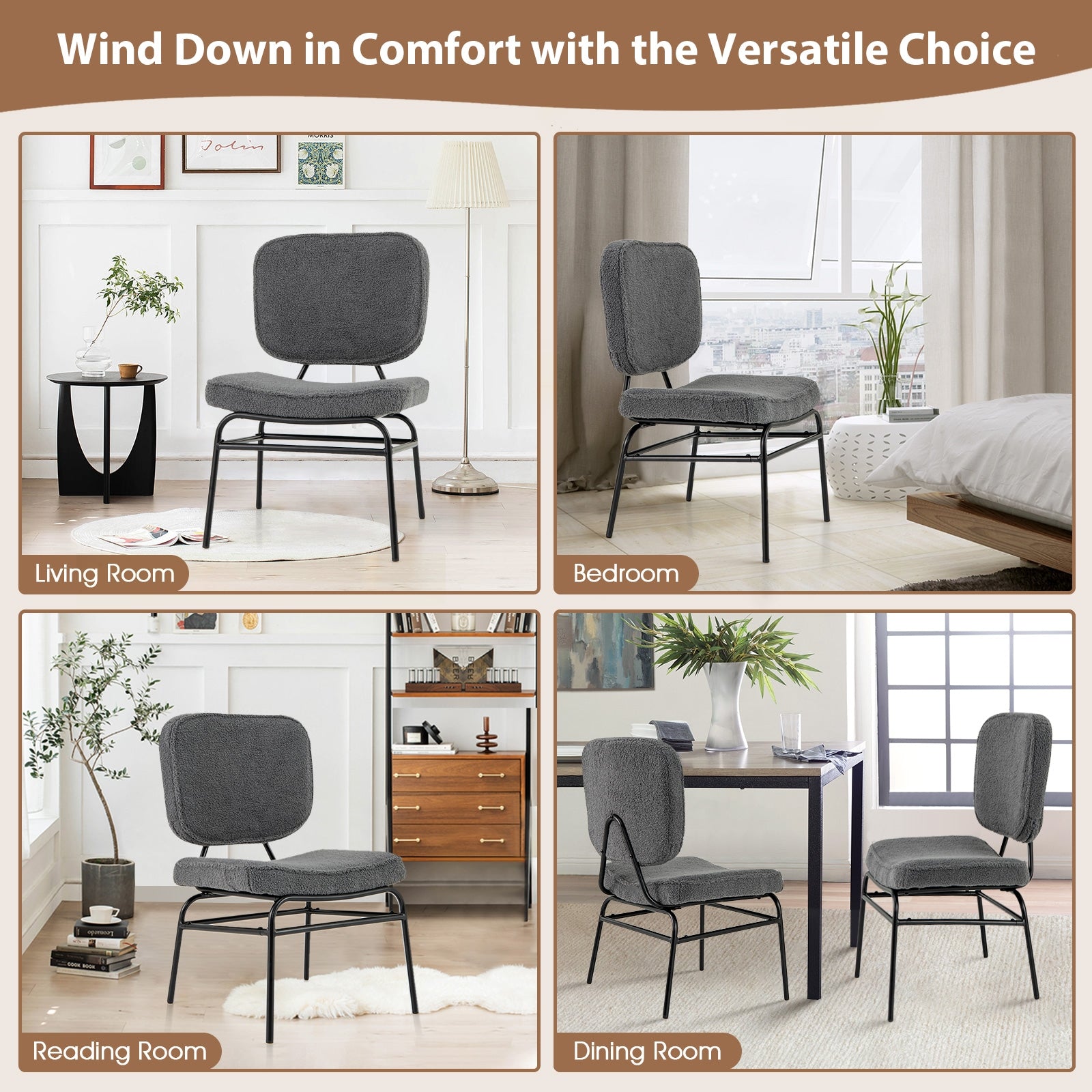 Sherpa Upholstered Accent Reading Chair, Gray Armless Chairs at Gallery Canada