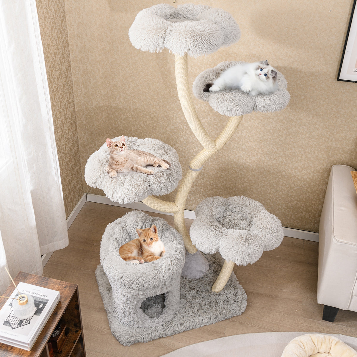 Freestanding Cat Tower, Four Flower Platforms, Sisal Scratching Posts, Gray Cat Trees Condos & Scratchers at Gallery Canada