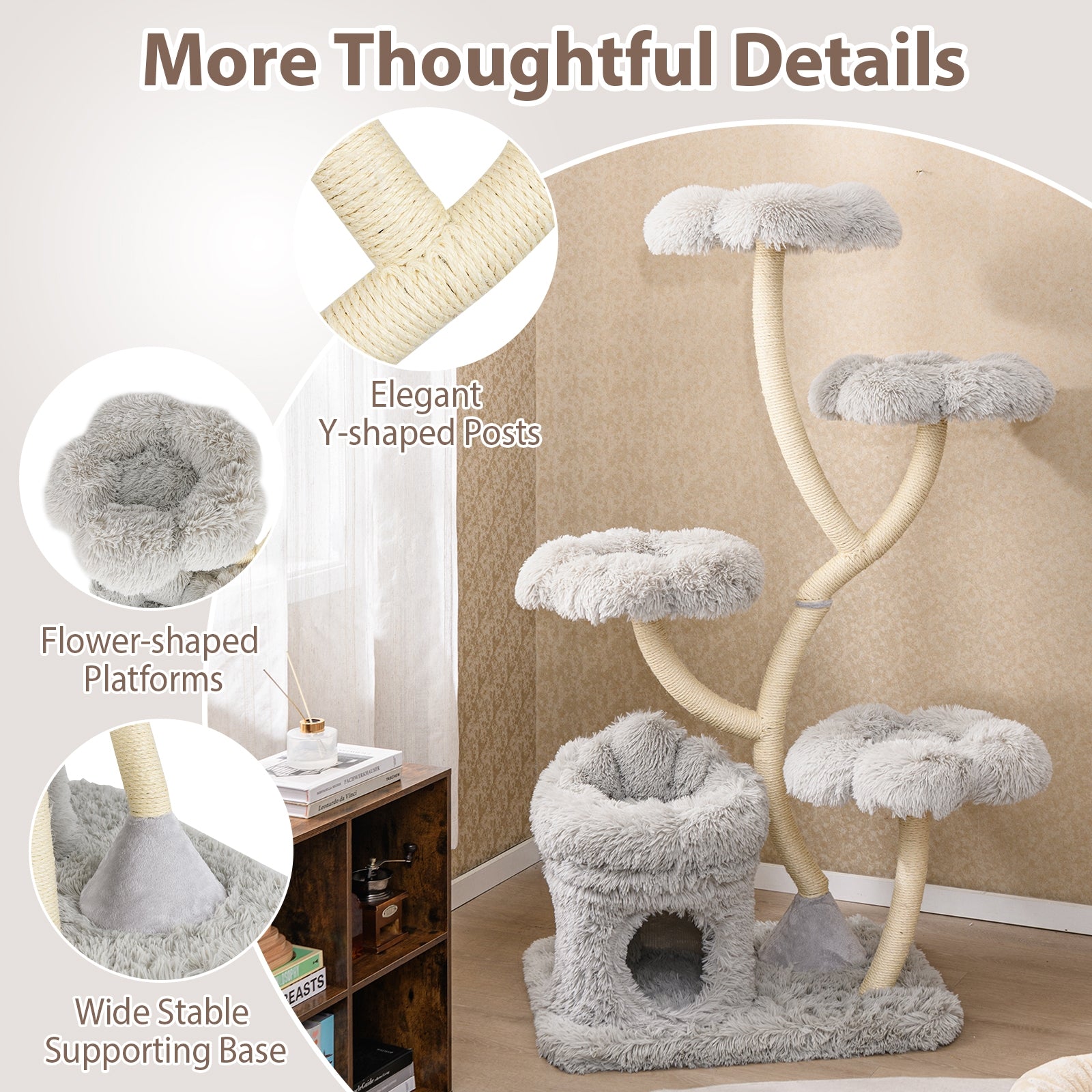 Freestanding Cat Tower, Four Flower Platforms, Sisal Scratching Posts, Gray Cat Trees Condos & Scratchers at Gallery Canada