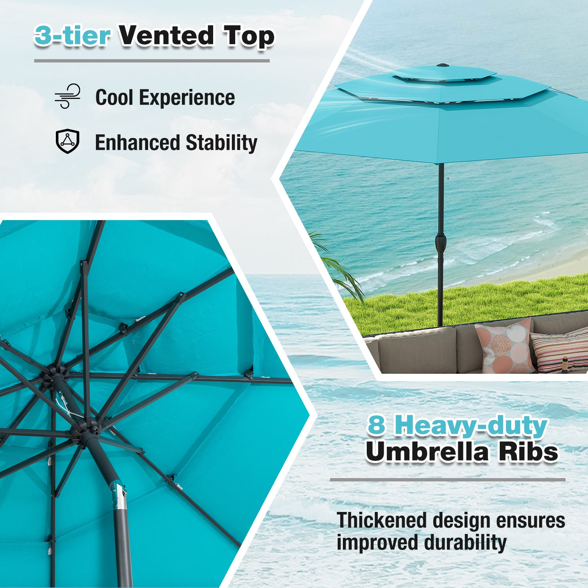 10 ft 3-Tier Vented Patio Umbrella, Push Button Tilt, Green Outdoor Umbrellas at Gallery Canada