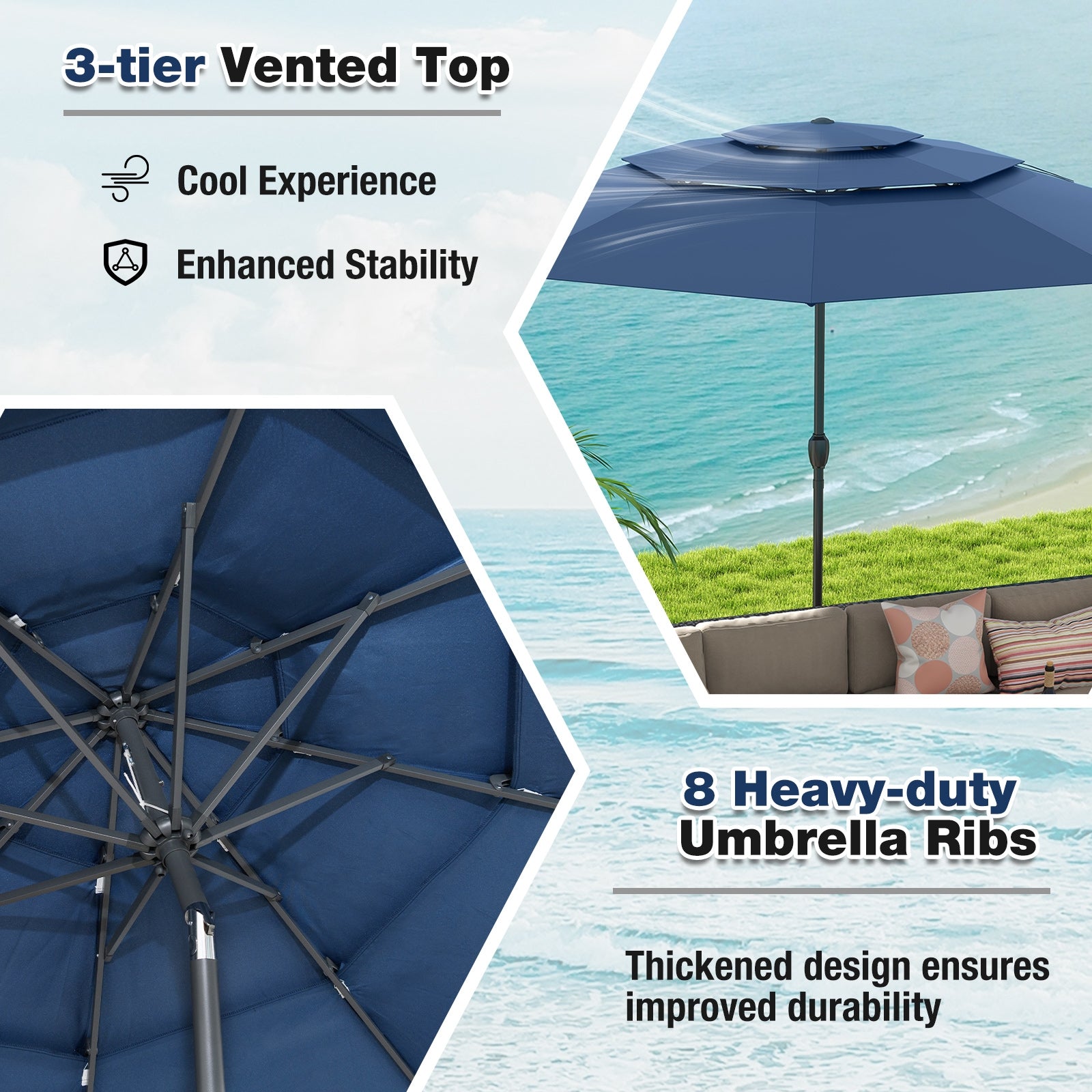 10 ft 3-Tier Vented Patio Umbrella, Push Button Tilt, Navy Outdoor Umbrellas at Gallery Canada