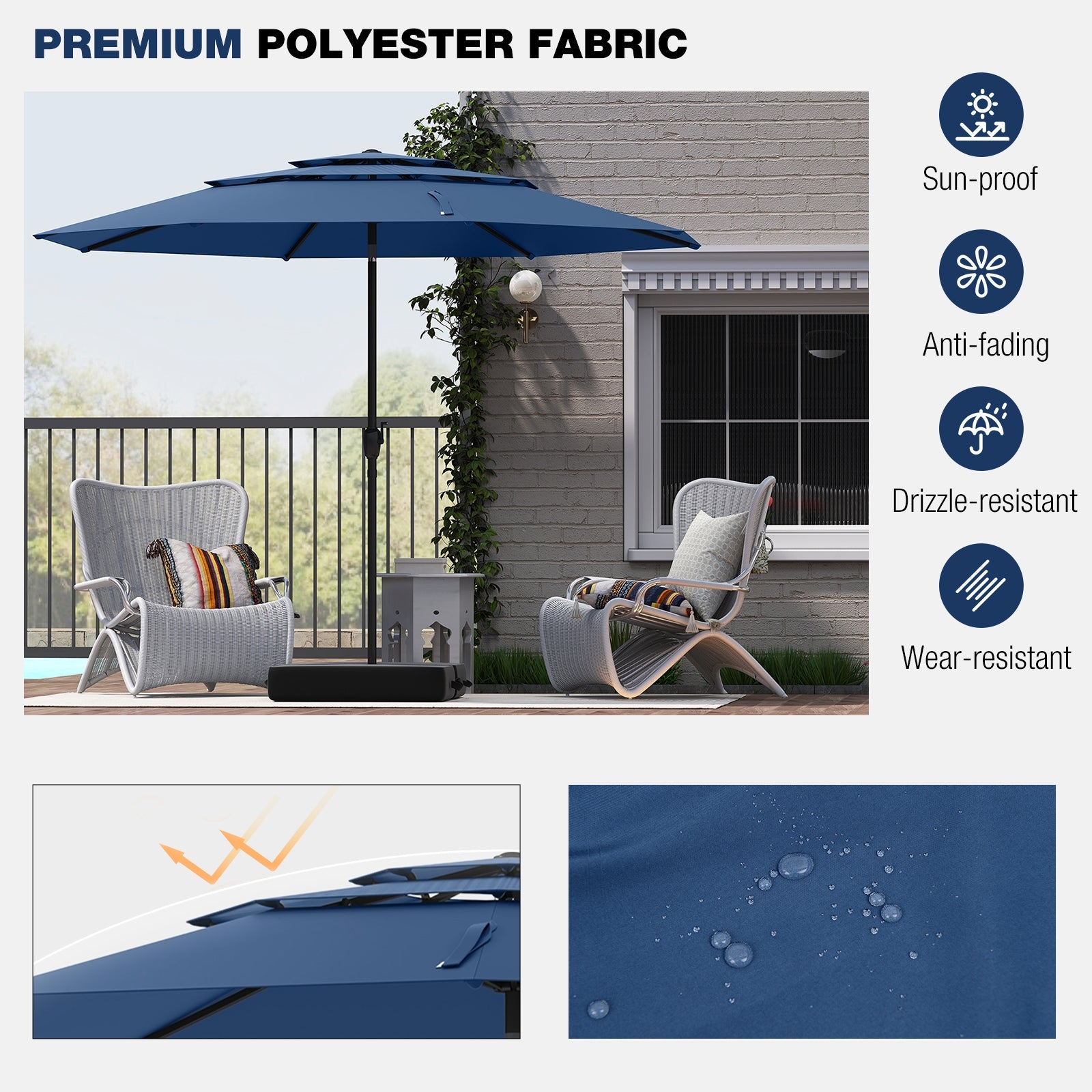 10 ft 3-Tier Vented Patio Umbrella, Push Button Tilt, Navy Outdoor Umbrellas at Gallery Canada