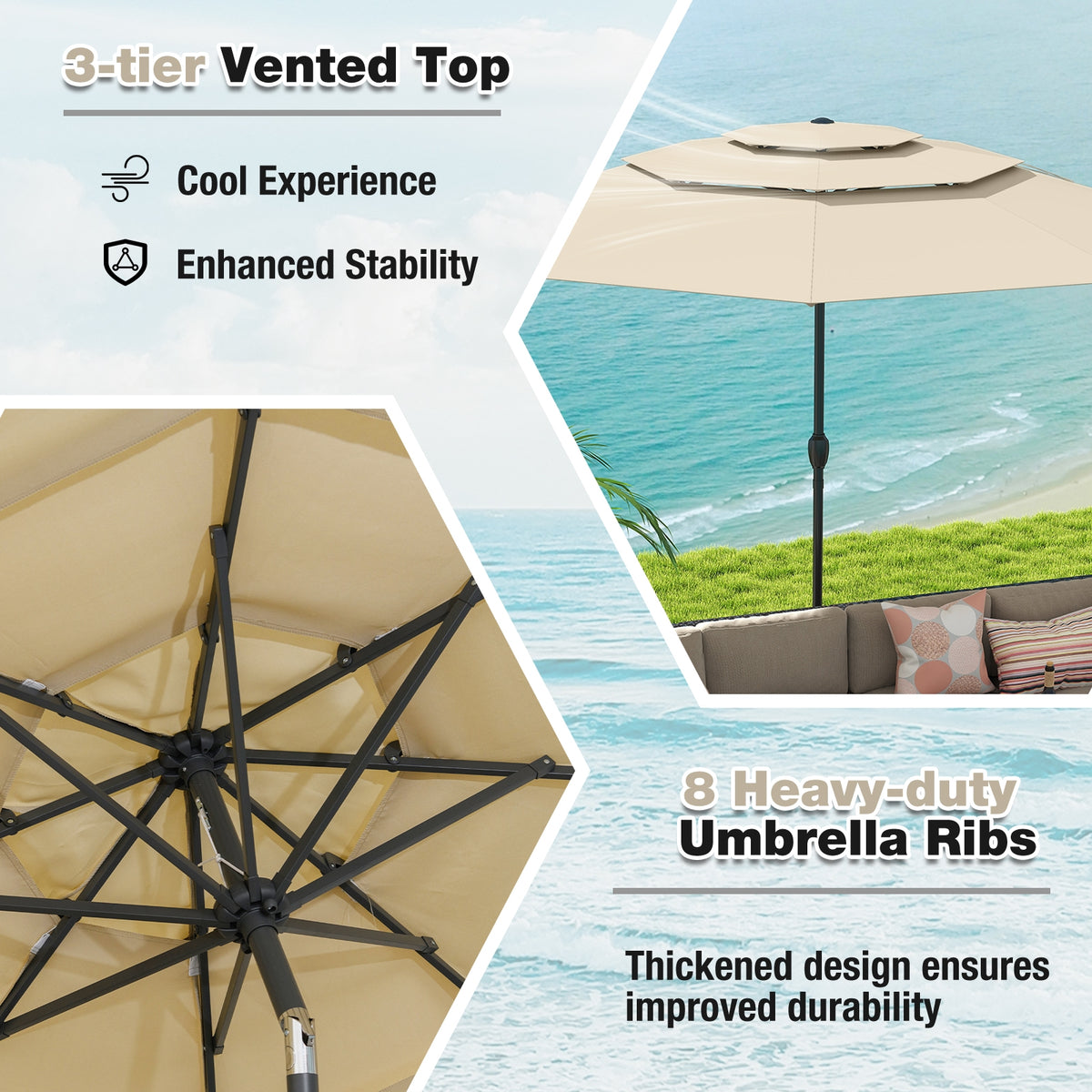 10 ft 3-Tier Vented Patio Umbrella, Push Button Tilt, Beige Outdoor Umbrellas at Gallery Canada