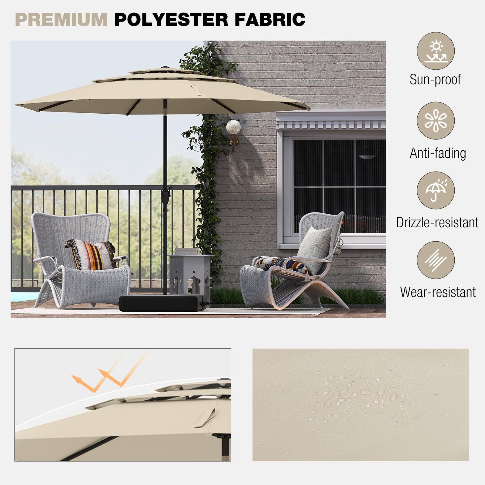 10 ft 3-Tier Vented Patio Umbrella, Push Button Tilt, Beige Outdoor Umbrellas at Gallery Canada