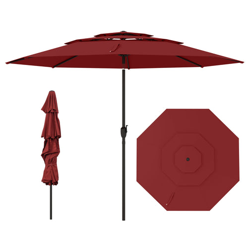 10 ft 3-Tier Vented Patio Umbrella, Push Button Tilt, Red
