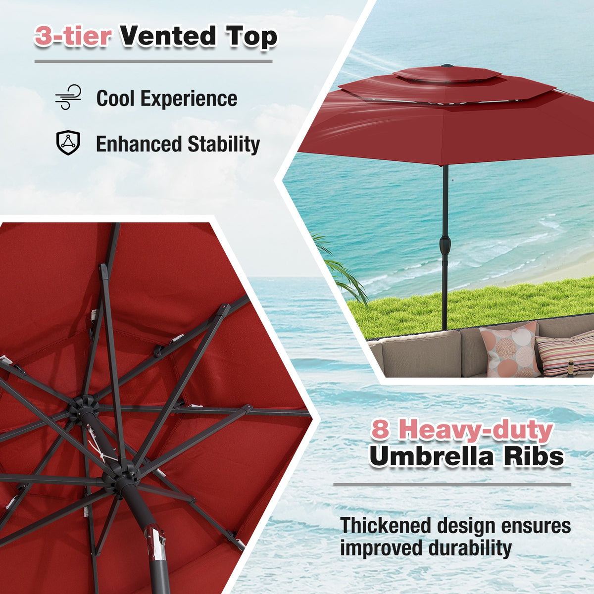 10 ft 3-Tier Vented Patio Umbrella, Push Button Tilt, Red Outdoor Umbrellas at Gallery Canada
