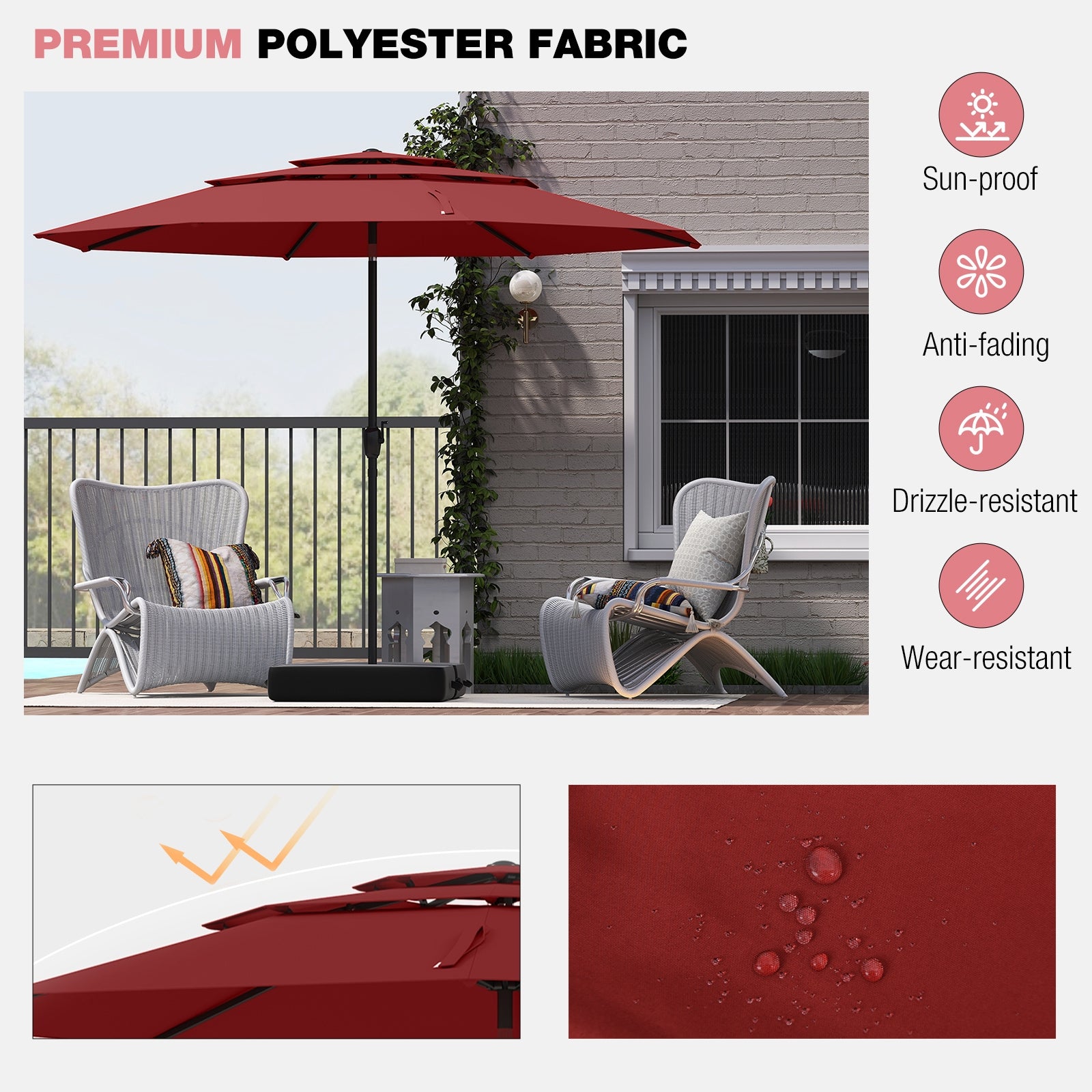 10 ft 3-Tier Vented Patio Umbrella, Push Button Tilt, Red Outdoor Umbrellas at Gallery Canada