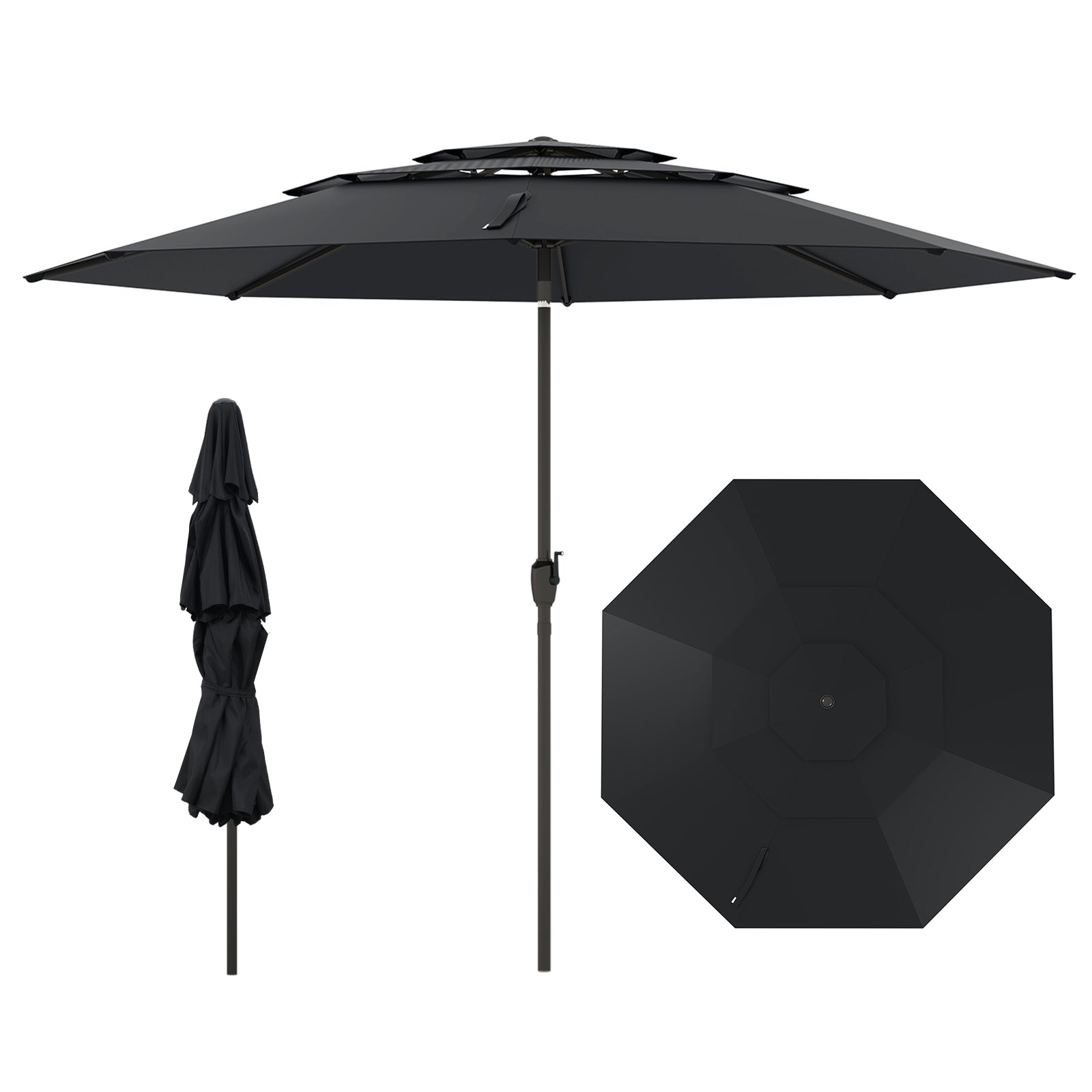 10 ft 3-Tier Vented Patio Umbrella, Push Button Tilt, Black Outdoor Umbrellas Black at Gallery Canada