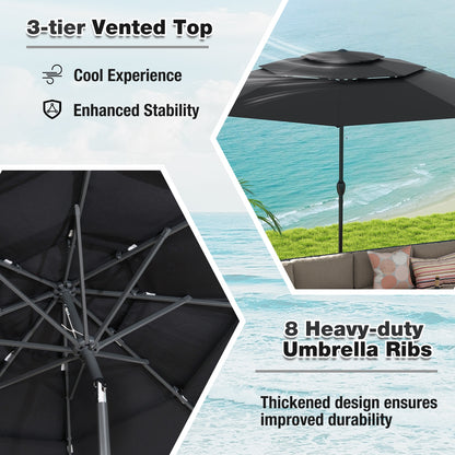 10 ft 3-Tier Vented Patio Umbrella, Push Button Tilt, Black Outdoor Umbrellas at Gallery Canada