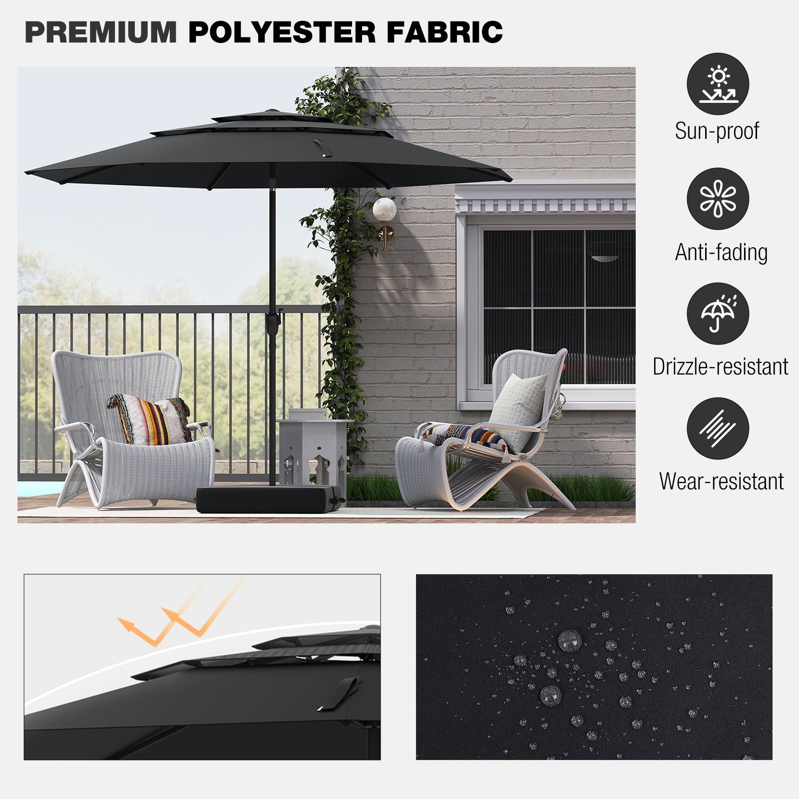 10 ft 3-Tier Vented Patio Umbrella, Push Button Tilt, Black Outdoor Umbrellas at Gallery Canada