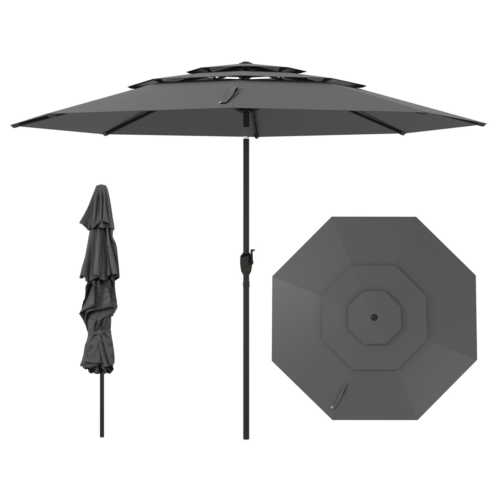 10 ft 3-Tier Vented Patio Umbrella, Push Button Tilt, Gray Outdoor Umbrellas at Gallery Canada