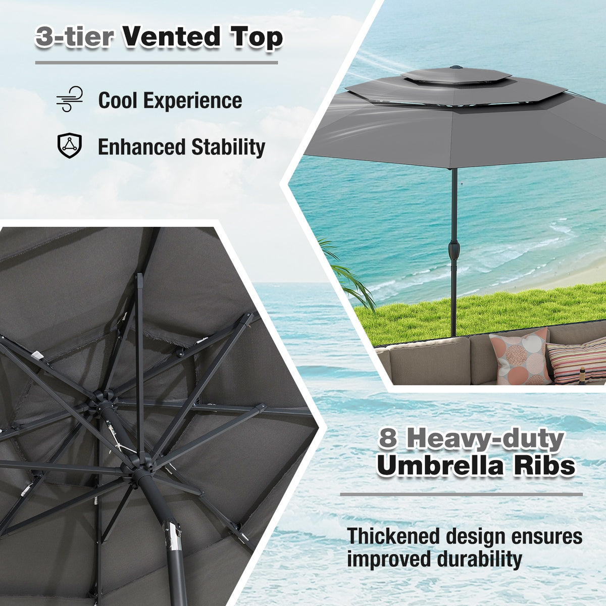 10 ft 3-Tier Vented Patio Umbrella, Push Button Tilt, Gray Outdoor Umbrellas at Gallery Canada