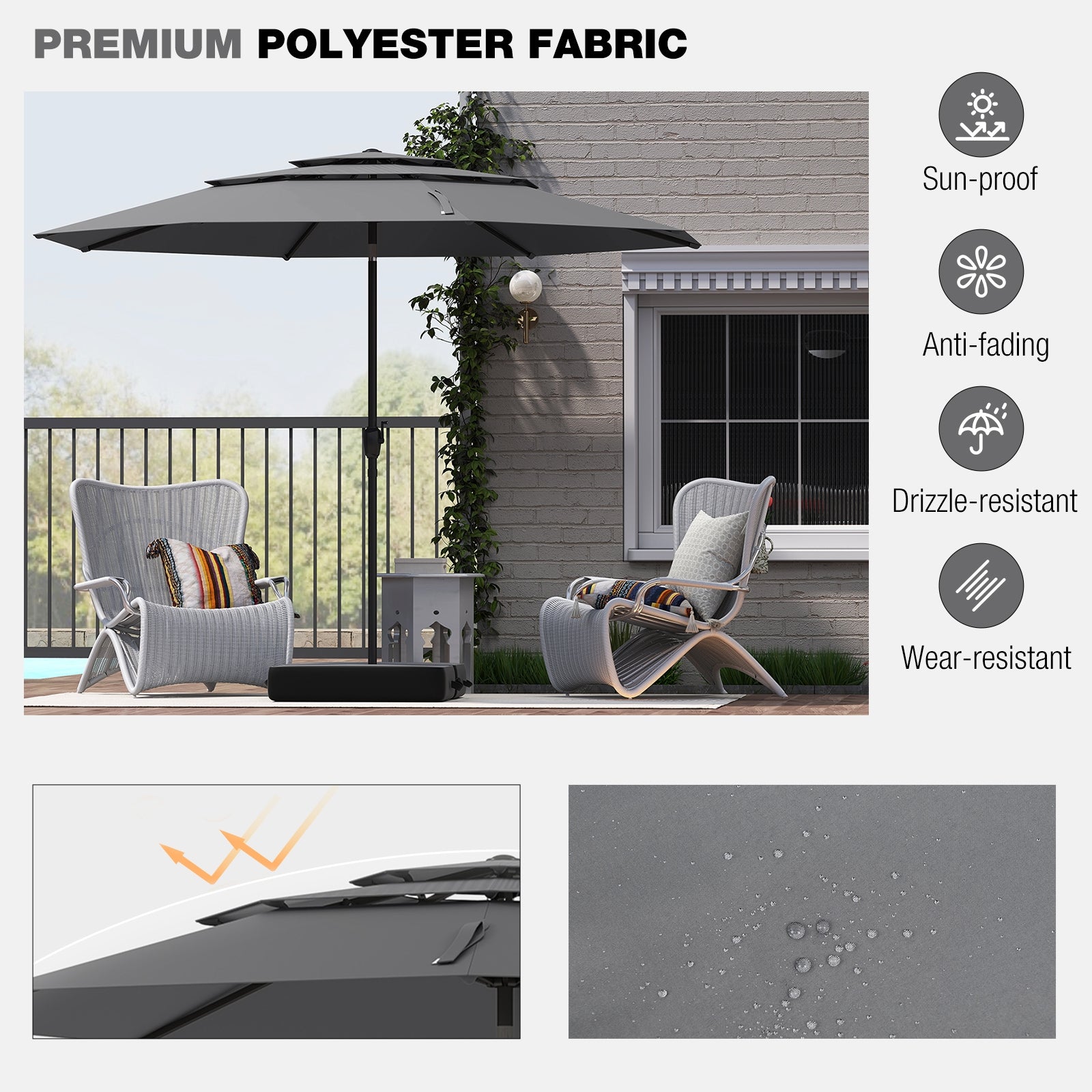10 ft 3-Tier Vented Patio Umbrella, Push Button Tilt, Gray Outdoor Umbrellas at Gallery Canada