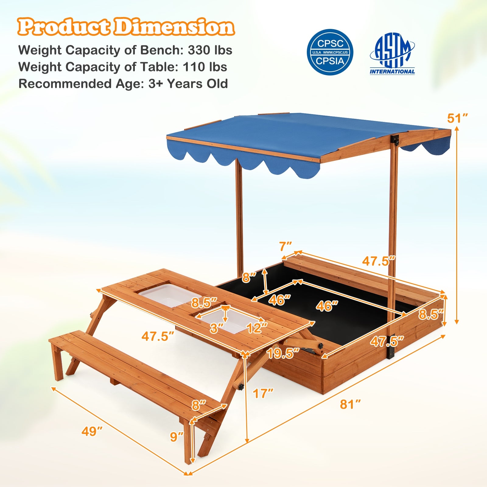 Kids Wooden Sand Box, Foldable Picnic Sensory Table, Bench, Natural Sandboxes at Gallery Canada
