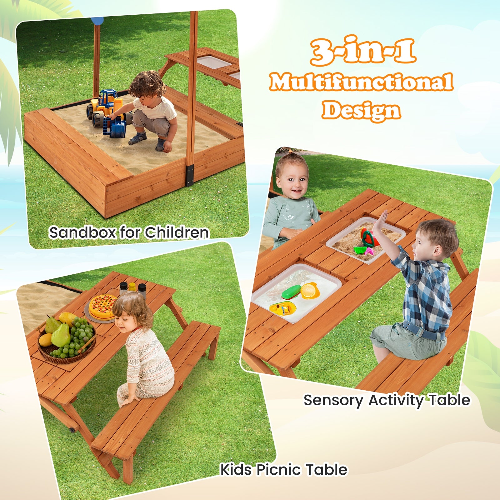 Kids Wooden Sand Box, Foldable Picnic Sensory Table, Bench, Natural Sandboxes at Gallery Canada