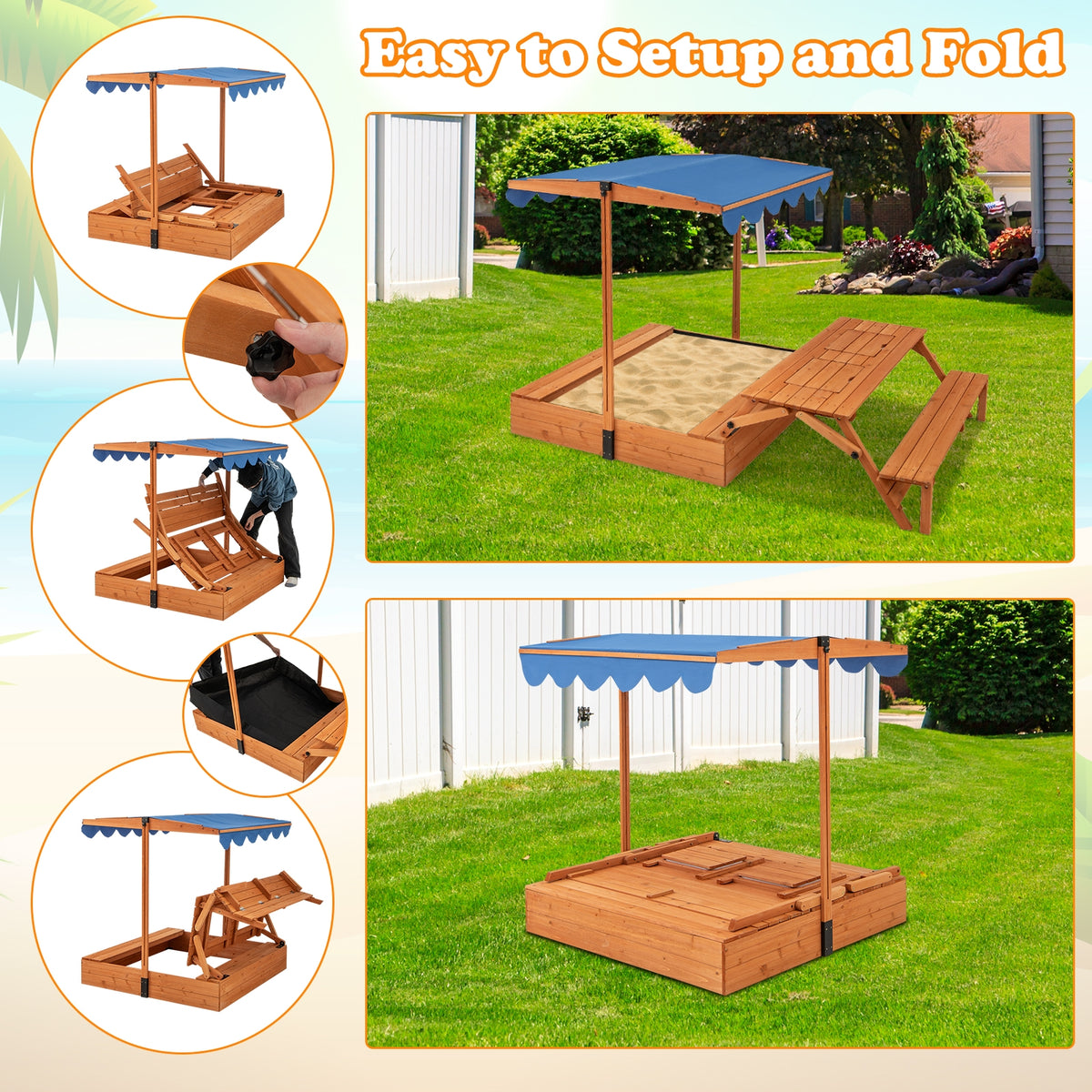 Kids Wooden Sand Box, Foldable Picnic Sensory Table, Bench, Natural Sandboxes at Gallery Canada