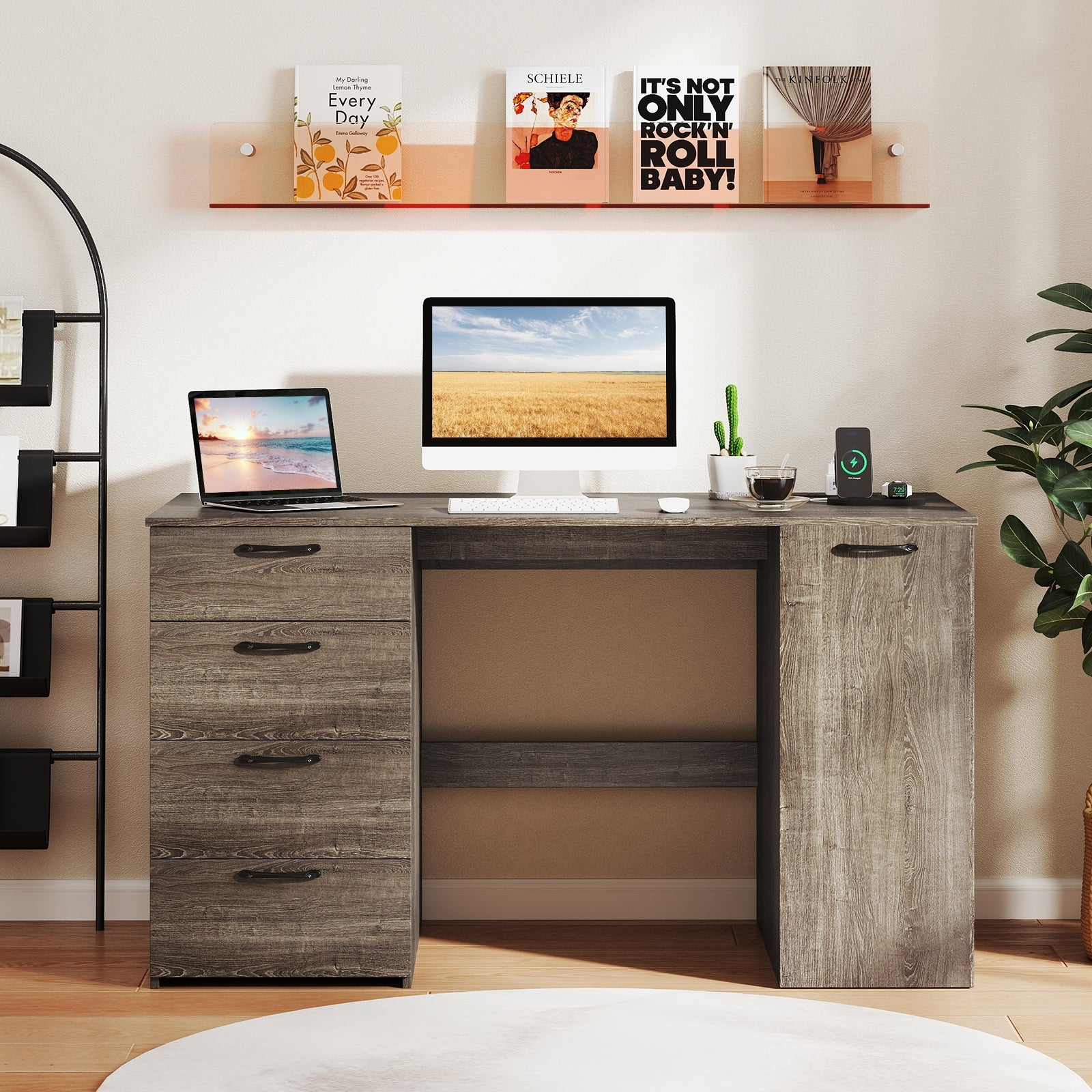 53 Inches Computer Desk, Power Outlets, 4 Storage Drawers, Gray Computer Desks at Gallery Canada