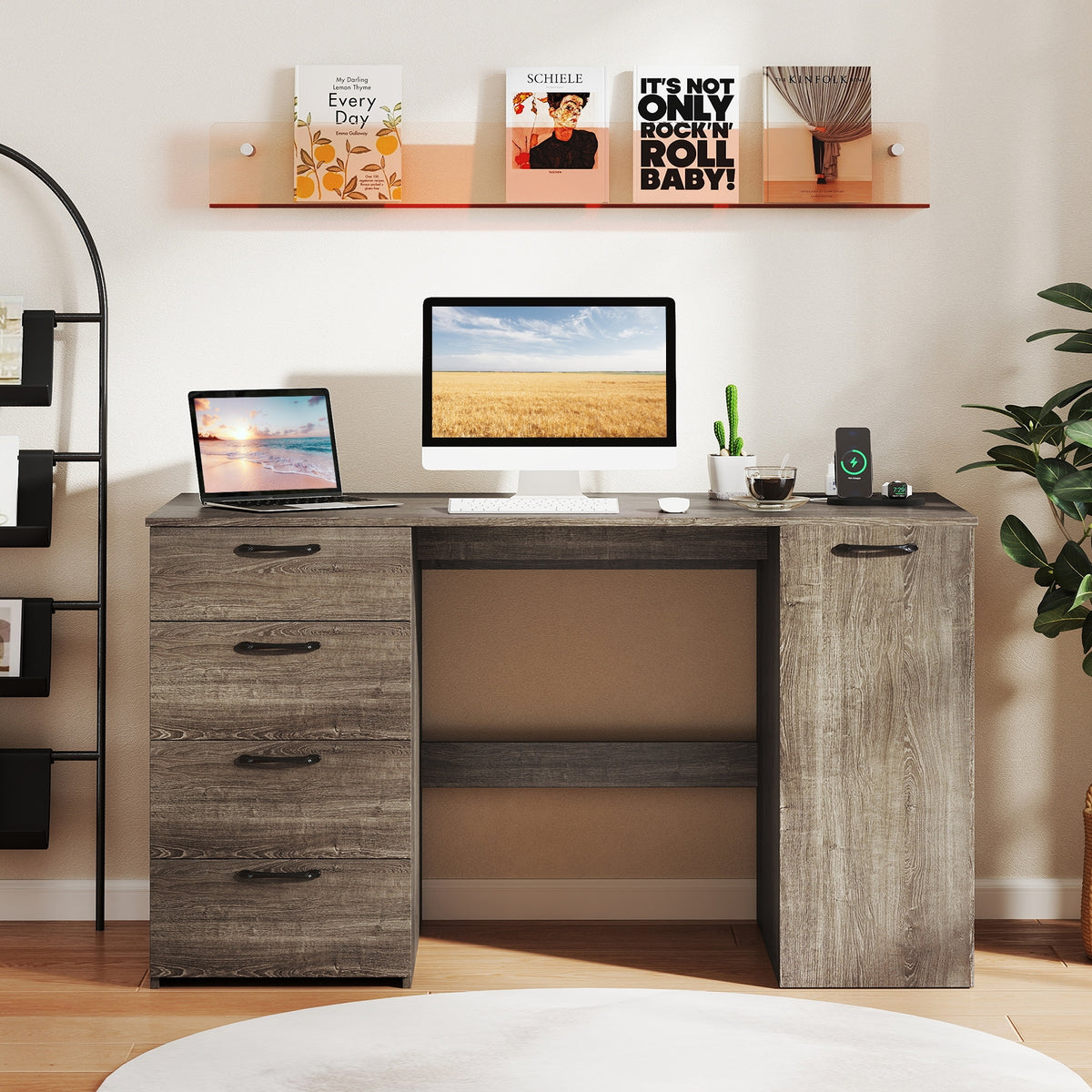 53 Inches Computer Desk, Power Outlets, 4 Storage Drawers, Gray Computer Desks at Gallery Canada