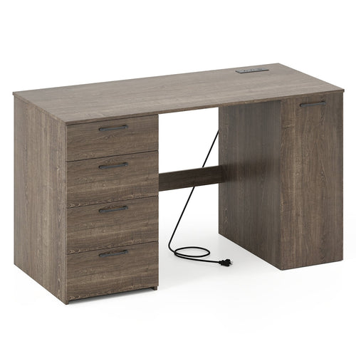 53 Inches Computer Desk, Power Outlets, 4 Storage Drawers, Gray