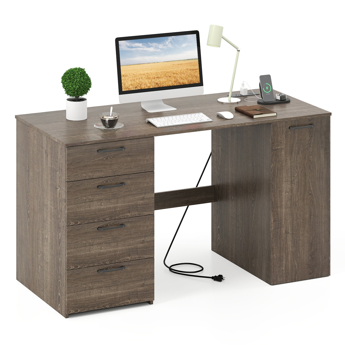 53 Inches Computer Desk, Power Outlets, 4 Storage Drawers, Gray Computer Desks at Gallery Canada